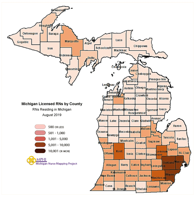 Michigan RNs by county map
